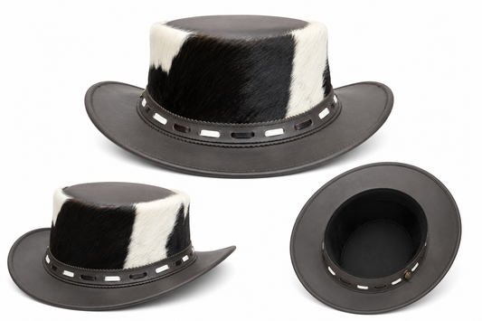 Leathers Crafted™ Black & White Hair-On Hide Leather Outback Cowboy Hat