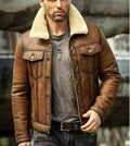 MEN' s Brown Faux Leather Aviator Jacket with Fur Collar Leathers Crafted