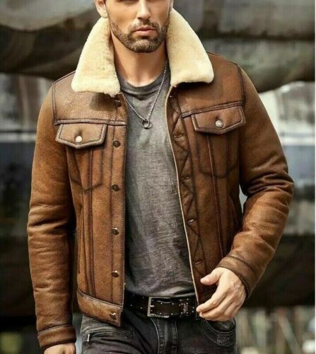 MEN' s Brown Faux Leather Aviator Jacket with Fur Collar Leathers Crafted