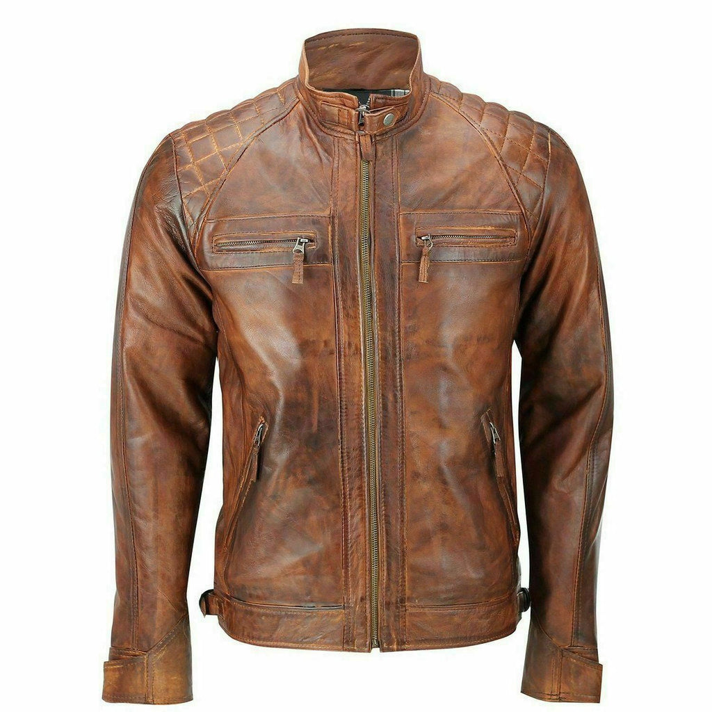 Brown Leather Biker Jacket With Shoulder Panel and double pocket style Leathers Crafted