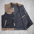 "Urban Contrast: Black Canvas & Brown Leather Biker Vest" Leathers Crafted