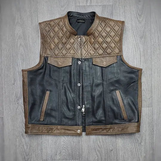 "Urban Contrast: Black Canvas & Brown Leather Biker Vest" Leathers Crafted