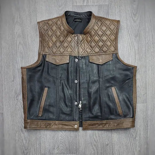 "Urban Contrast: Black Canvas & Brown Leather Biker Vest" Leathers Crafted