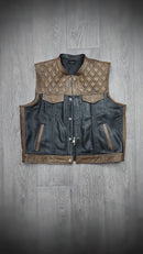 "Urban Contrast: Black Canvas & Brown Leather Biker Vest" Leathers Crafted
