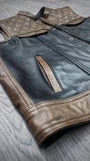 "Urban Contrast: Black Canvas & Brown Leather Biker Vest" Leathers Crafted