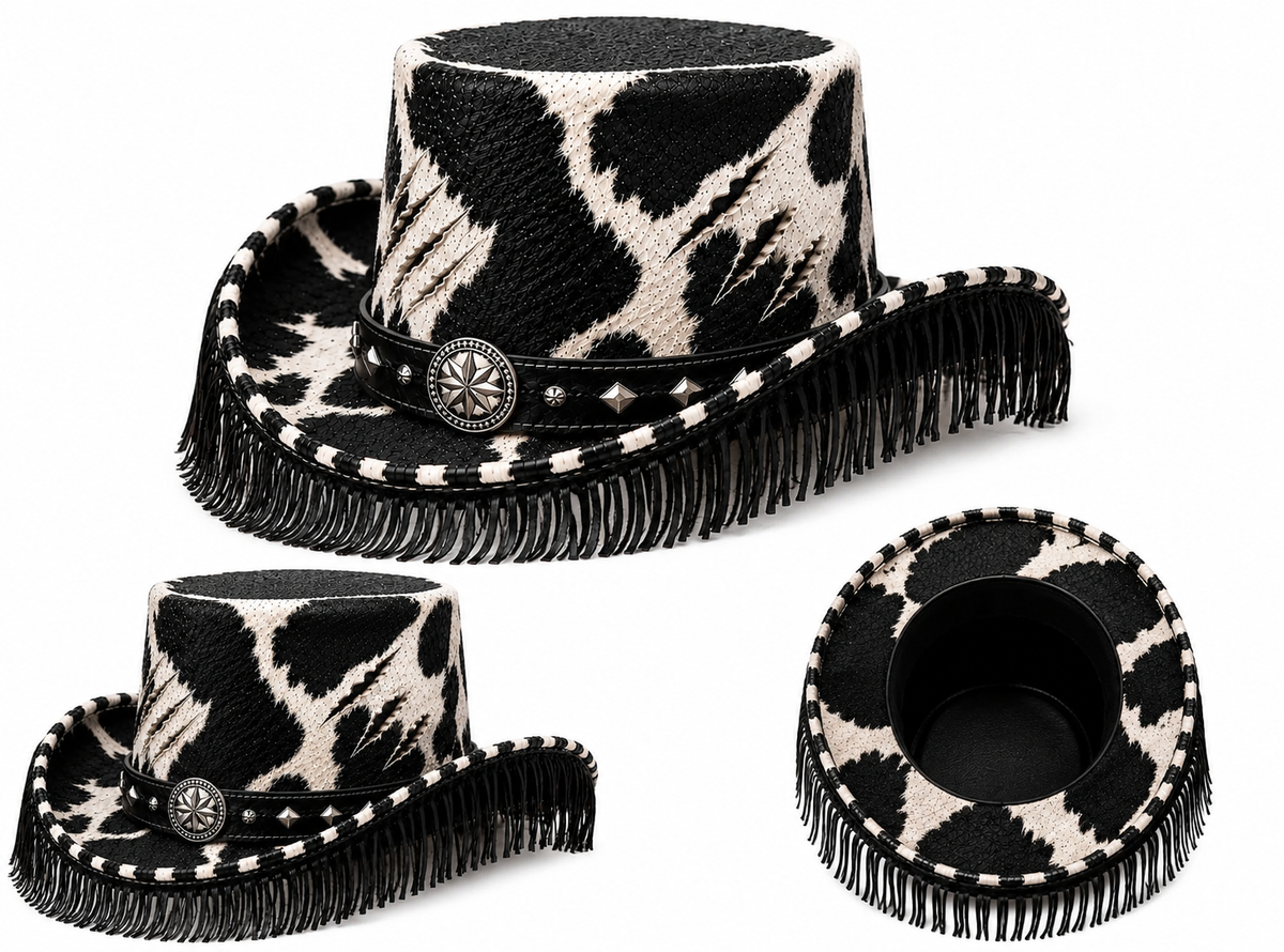 Leather Crafted™ Black & White Cowhide Fringe Western Hat