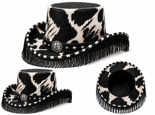 Leather Crafted™ Black & White Cowhide Fringe Western Hat