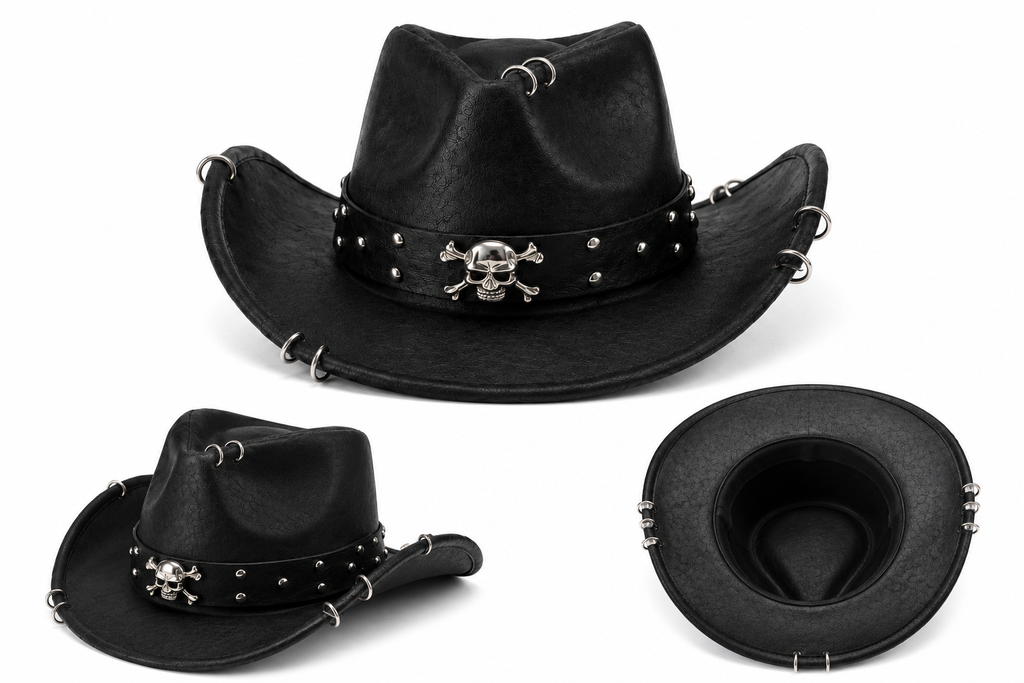 Leather Crafted™ Black Skull Rider Leather Hat