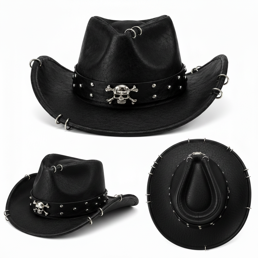 Leather Crafted™ Black Skull Rider Leather Hat