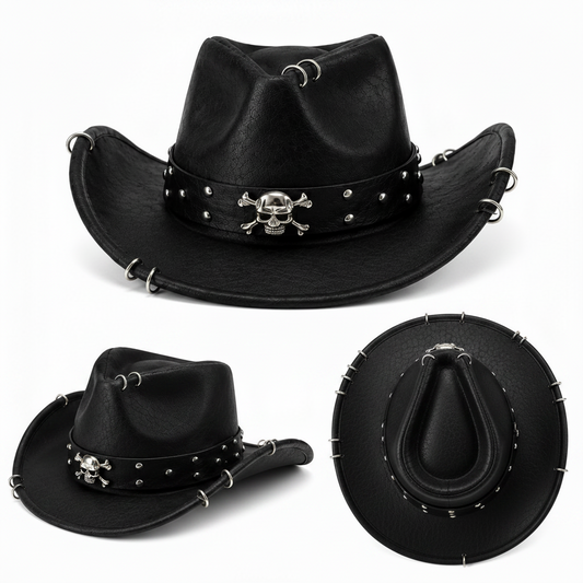 Leather Crafted™ Black Skull Rider Leather Hat