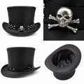 Leather Crafted™ Black Gothic Leather Top Hat with Skull Emblem