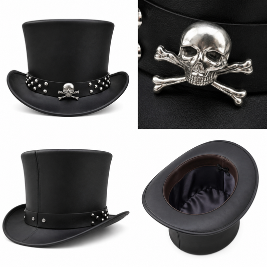 Leather Crafted™ Black Gothic Leather Top Hat with Skull Emblem