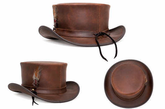 Leather Crafted™ Vintage Brown Leather Top Hat with Feather Accent Premium Handmade Steampunk & Western Leather Hat