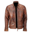 Brown Leather Biker Jacket With Shoulder Panel and double pocket style Leathers Crafted