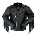 Classic Black Leather Biker Jacket with Fringe Accents Leathers Crafted