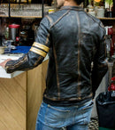Men's Vintage Distressed Leather Jacket – Classic Brown Biker with Gold Accents Leathers Crafted