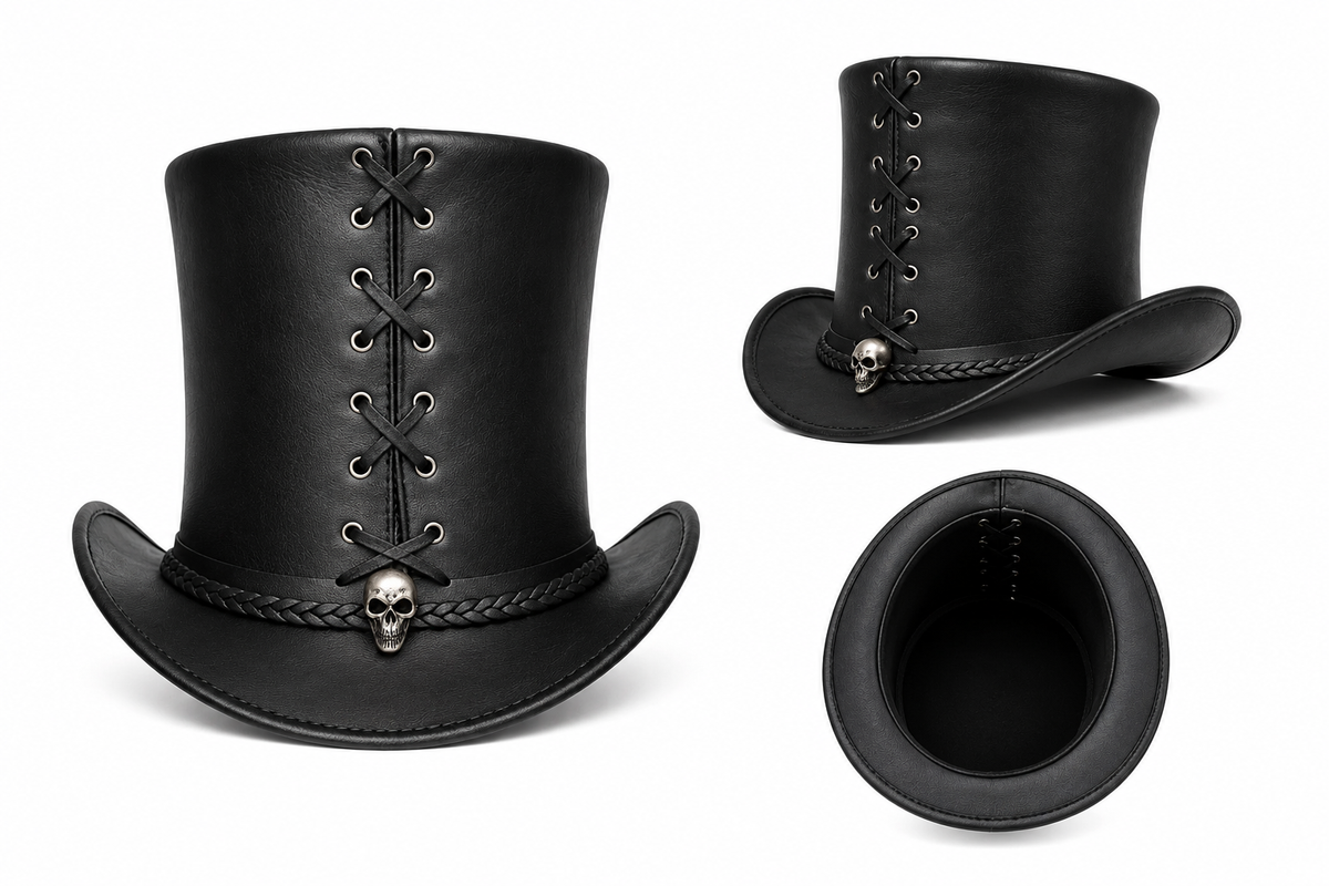 Black Gothic Steampunk Top Hat with Skull Accent – Faux Leather Victorian Costume Hat for Men & Women