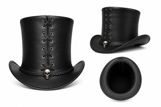 Black Gothic Steampunk Top Hat with Skull Accent – Faux Leather Victorian Costume Hat for Men & Women