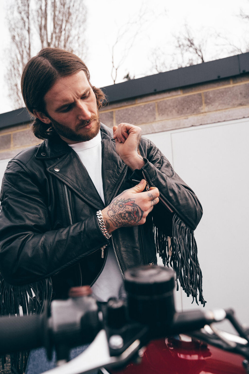Classic Black Leather Biker Jacket with Fringe Accents Leathers Crafted