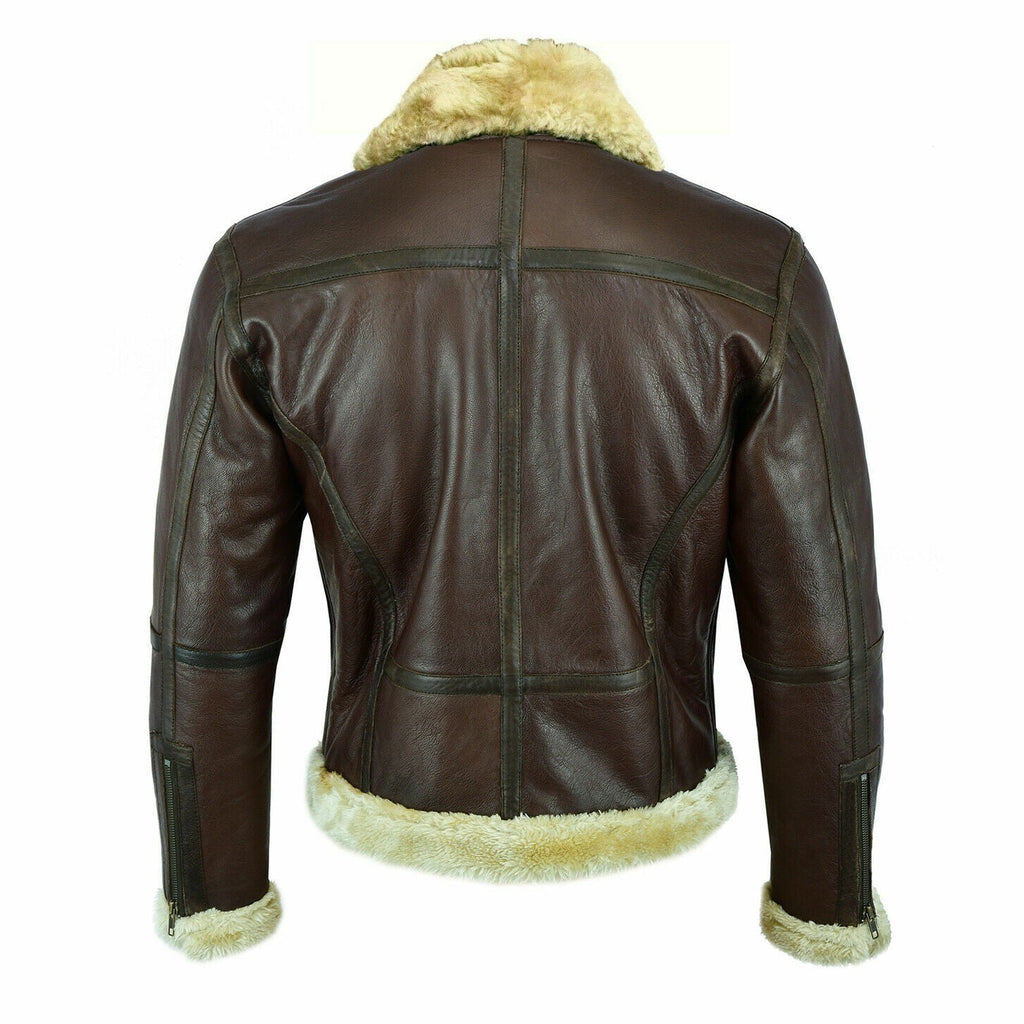 MEN' s Brown Faux Leather Aviator Jacket with Fur Collar Leathers Crafted
