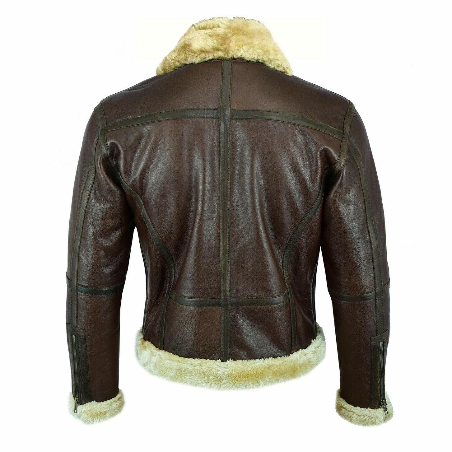 MEN' s Brown Faux Leather Aviator Jacket with Fur Collar Leathers Crafted