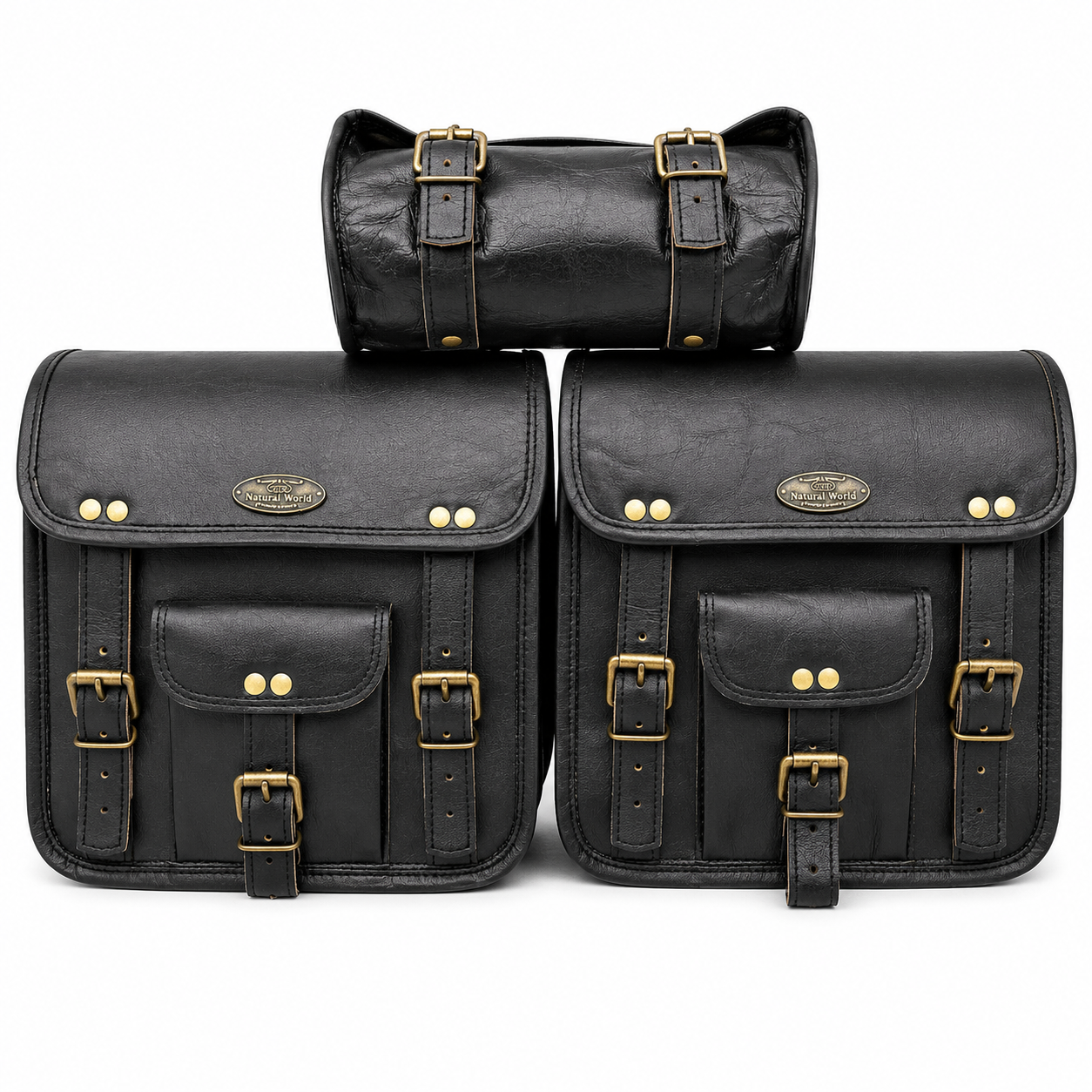 Black leather motorcycle saddle bags set with two side panniers and matching roll bag