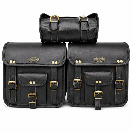 Black leather motorcycle saddle bags set with two side panniers and matching roll bag