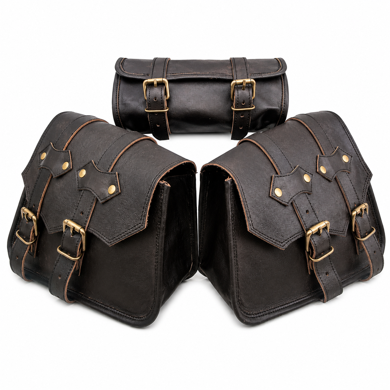3 piece black leather motorcycle saddlebag set with two saddlebags and leather tool bag