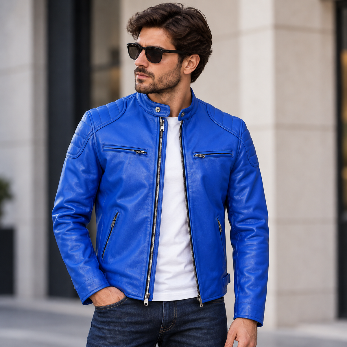 Men’s blue cowhide leather jacket with stand collar, quilted shoulders and zippered pockets