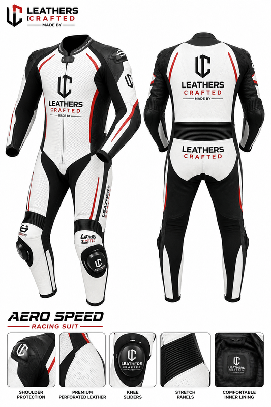 Aero Speed Motorcycle Racing Leather Suit – Premium CE Armored One-Piece Track Day Racing Suit | Leathers Crafted