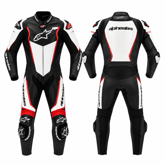 Black White Red Motorcycle Racing Leather Suit – Premium CE Armored One-Piece Track Day Riding Suit | Leathers Crafted