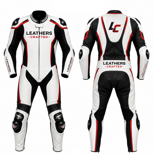 Leathers-Crafted Apex Pro one-piece racing suit shown from front and back on a white background.