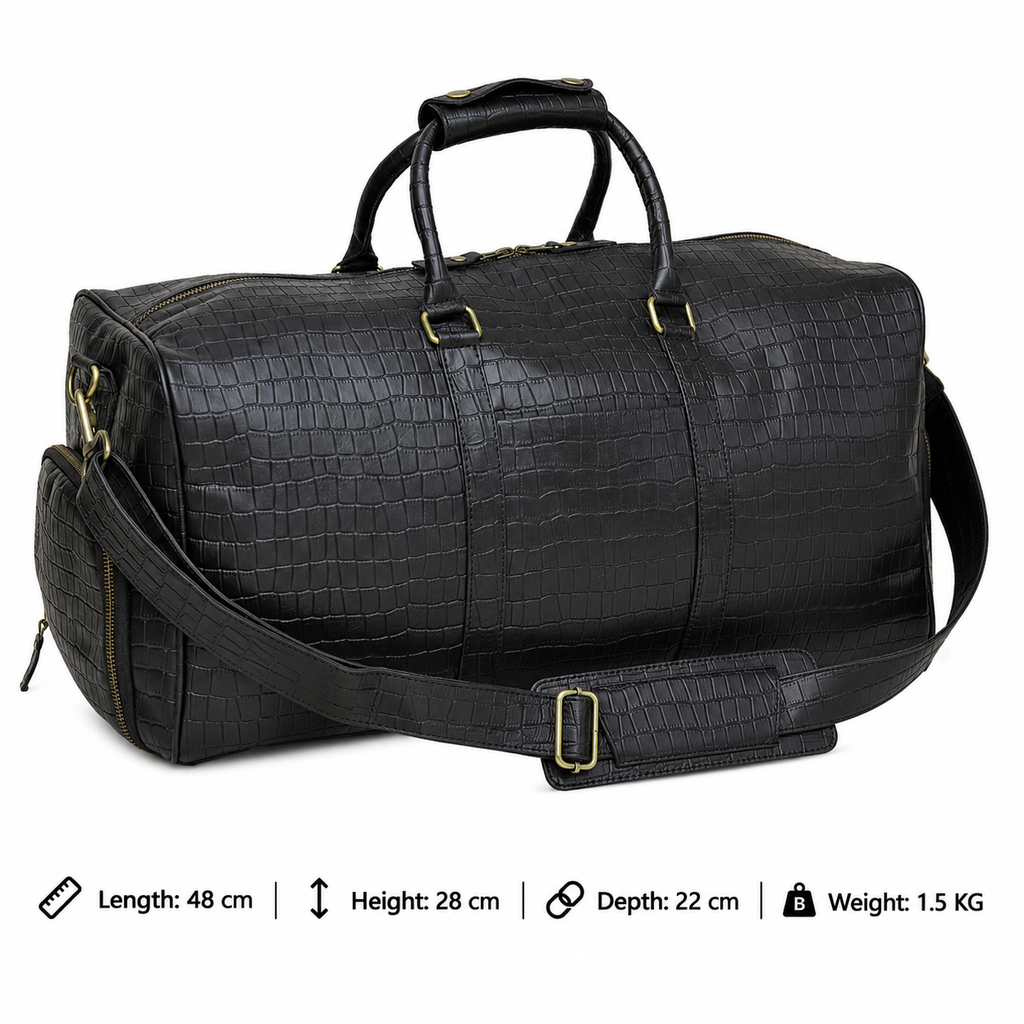 Black Croc-Embossed Leather Duffel Bag