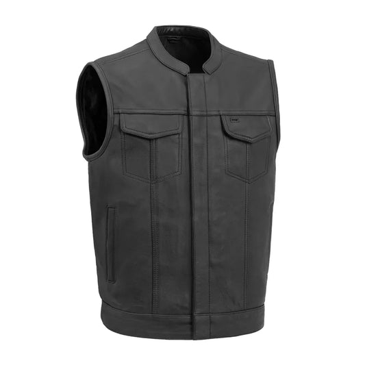 Men's Black Leather Motorcycle Vest – Classic Club Vest with Snap Pockets