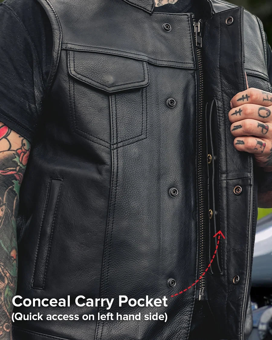 Men's Black Leather Motorcycle Vest – Classic Club Vest with Snap Pockets
