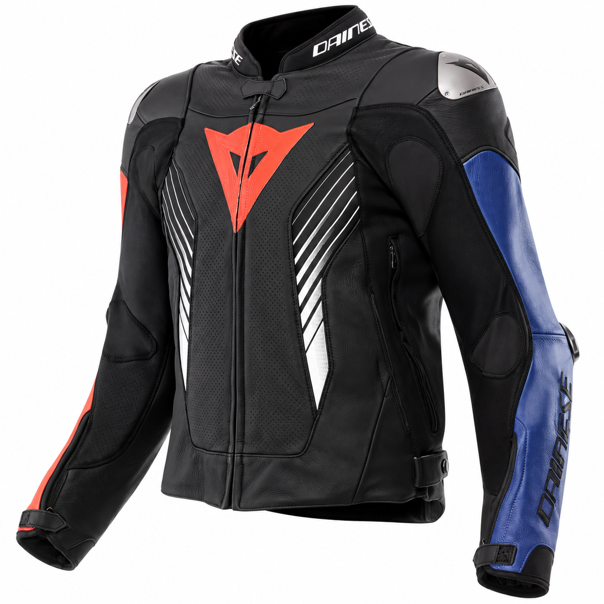 A black leather motorcycle jacket with red, blue, and white accents, featuring the Dainese brand logo on the chest and sleeve.