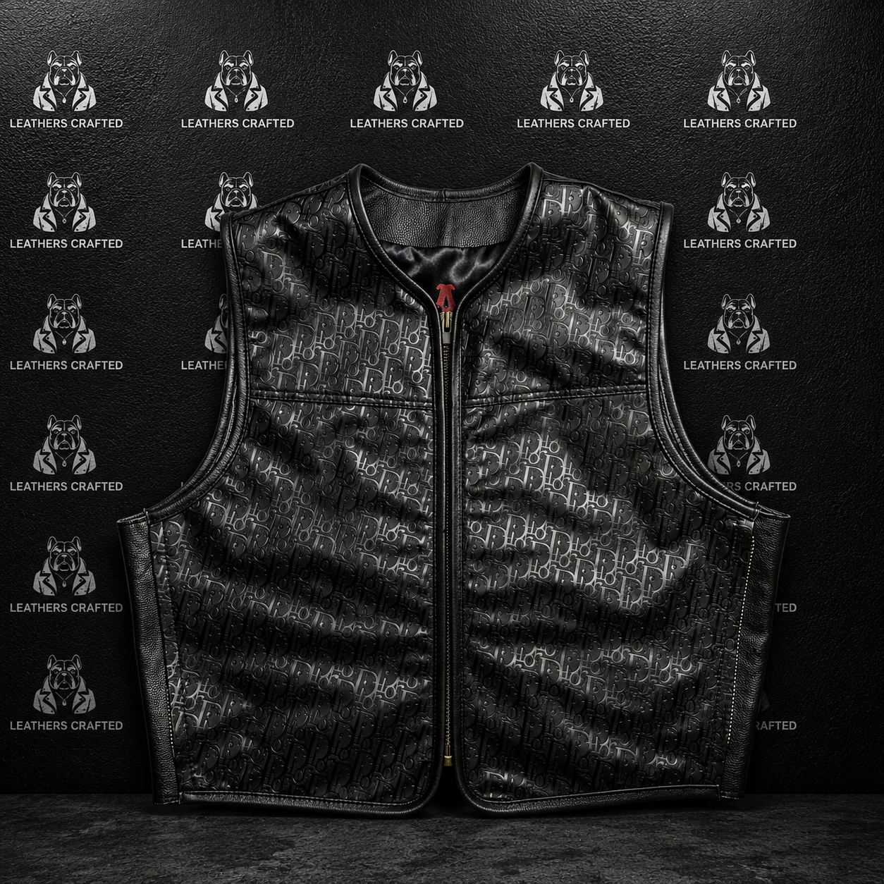 A black leather vest with a subtle white monogram pattern, featuring a front zipper and stand collar, displayed against a dark textured background with a repeating 'Leathers Crafted' logo pattern.