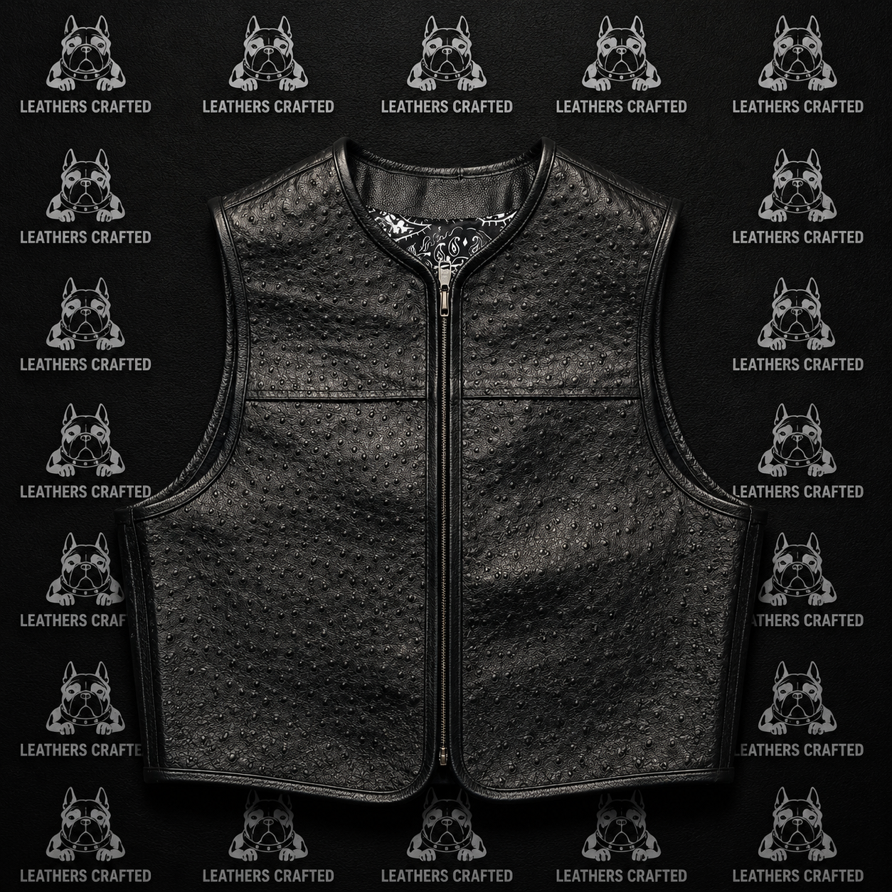 A black textured leather vest with a front zipper, displayed flat against a black background patterned with white dog illustrations and the text 'LEATHERS CRAFTED'.