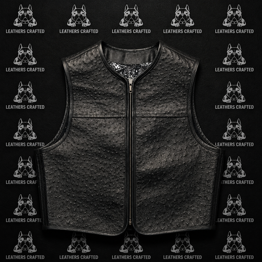 A black textured leather vest with a front zipper, displayed flat against a black background patterned with white dog illustrations and the text 'LEATHERS CRAFTED'.