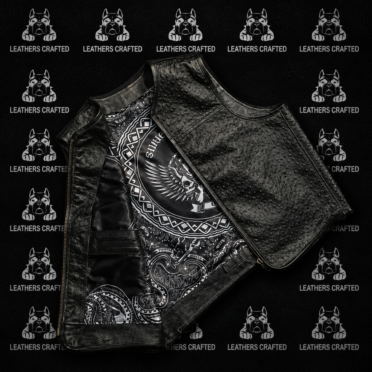 Premium Black Ostrich Leather Biker Vest
