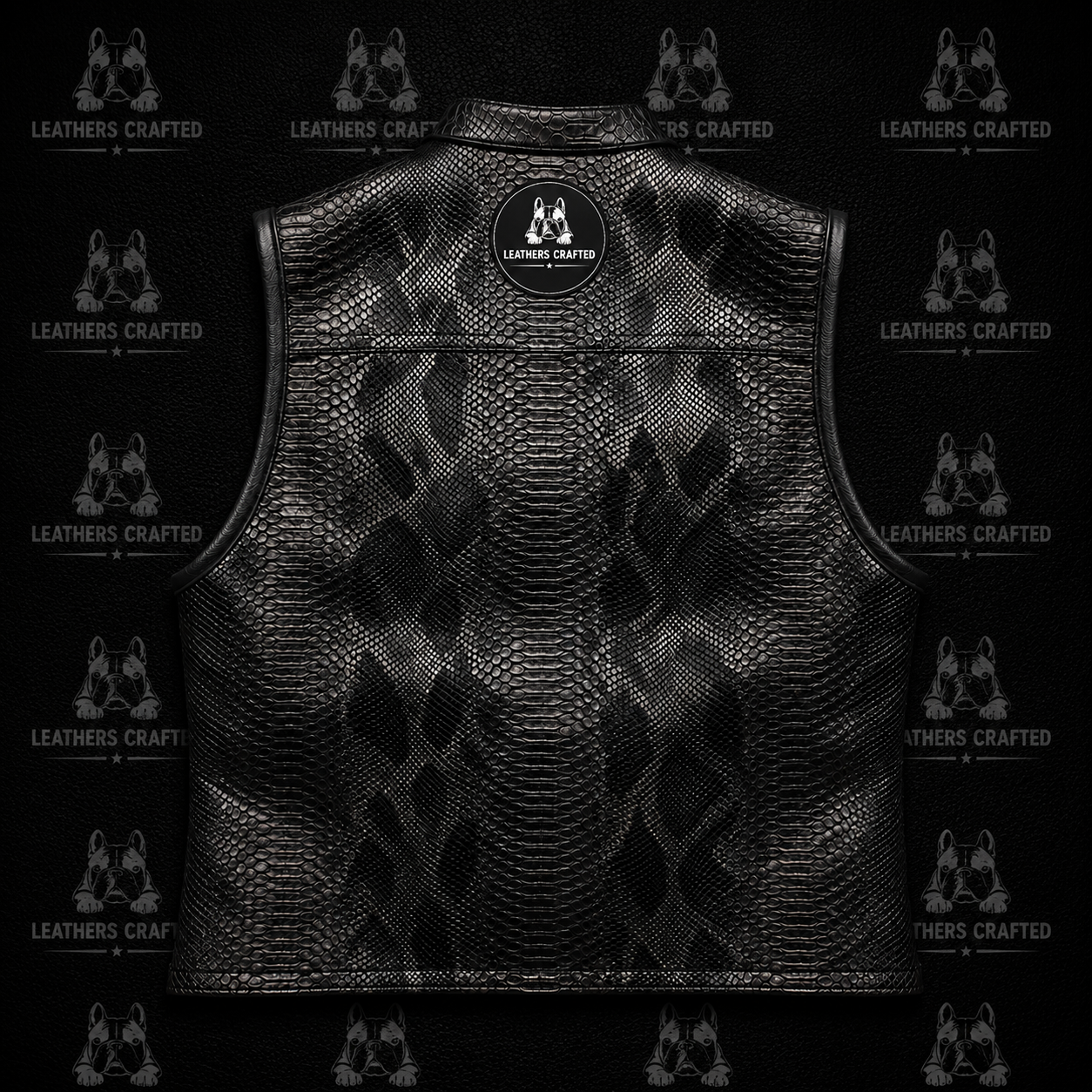 Black textured leather vest with a snakeskin pattern, shown from the back on a black background with a circular 'Leather Craft' logo patch on the upper back.