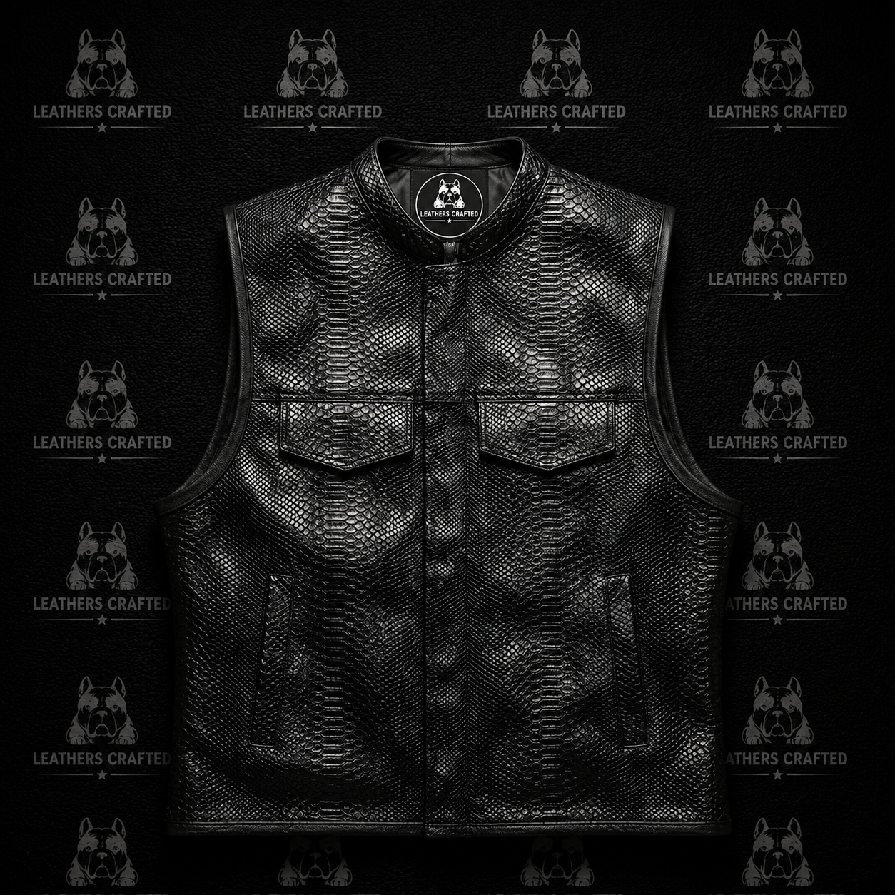 Black textured leather vest with a python-style scale pattern, featuring a mandarin collar, snap-button front, and two chest flap pockets, shown against a dark patterned background.