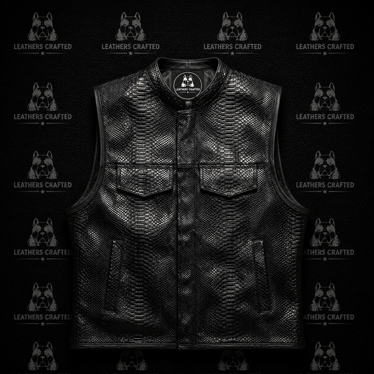 Black textured leather vest with a python-style scale pattern, featuring a mandarin collar, snap-button front, and two chest flap pockets, shown against a dark patterned background.