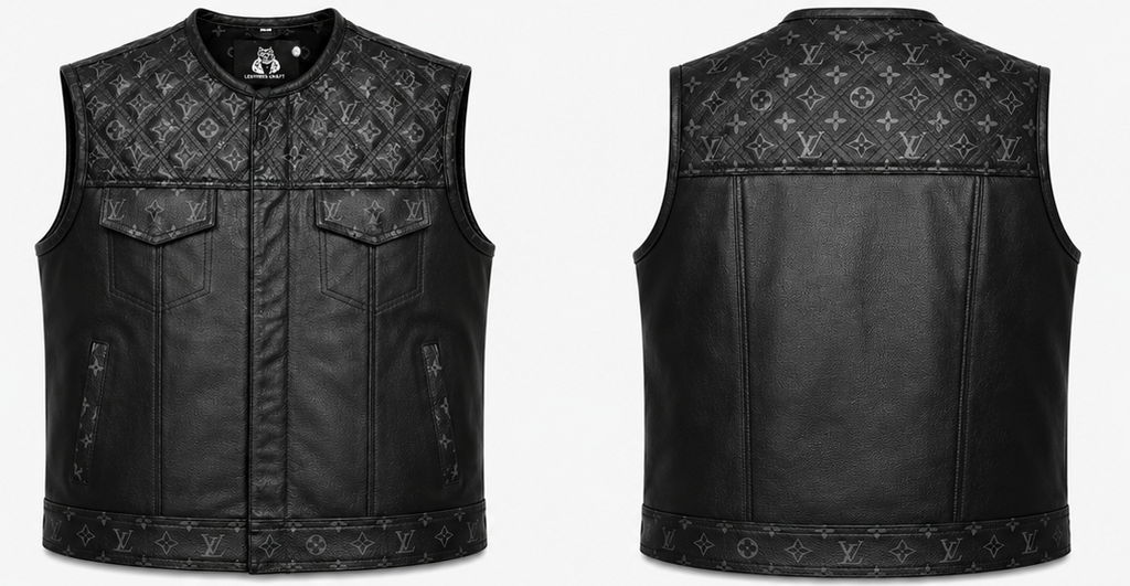 Men's Black Crocodile Embossed Leather Biker Vest Front and Back View