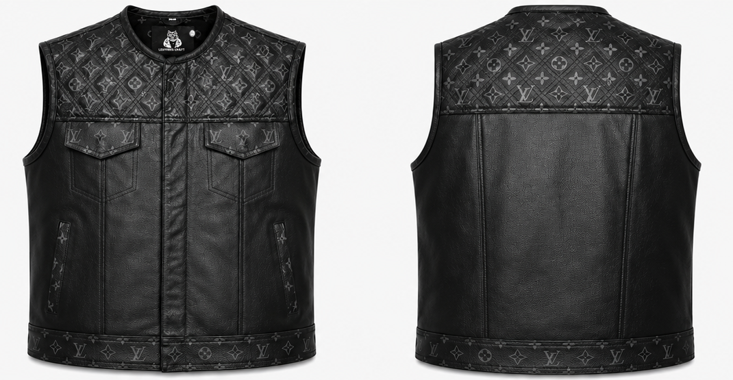Men's Black Crocodile Embossed Leather Biker Vest Front and Back View