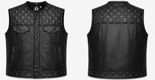 Men's Black Crocodile Embossed Leather Biker Vest Front and Back View