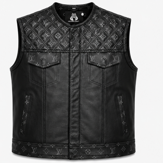 Men's Black Crocodile Embossed Leather Biker Vest Front and Back View
