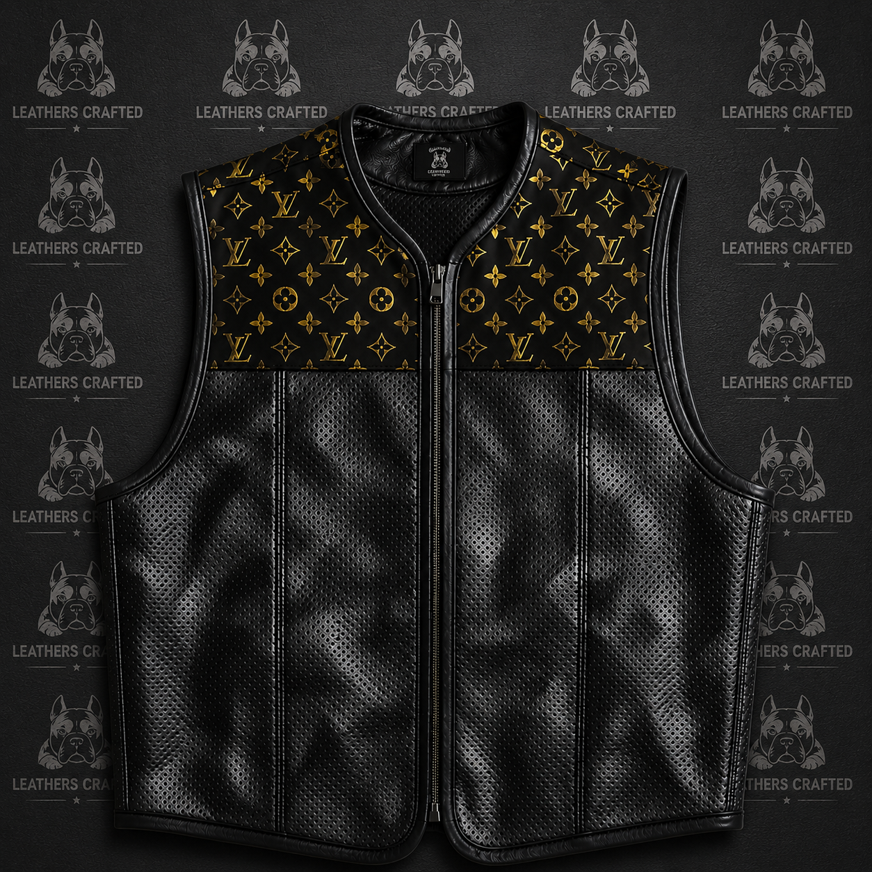 A black leather vest with a Louis Vuitton monogram pattern on the upper chest and shoulders, displayed flat against a dark background with repeating 'Leathers Crafted' dog logos.