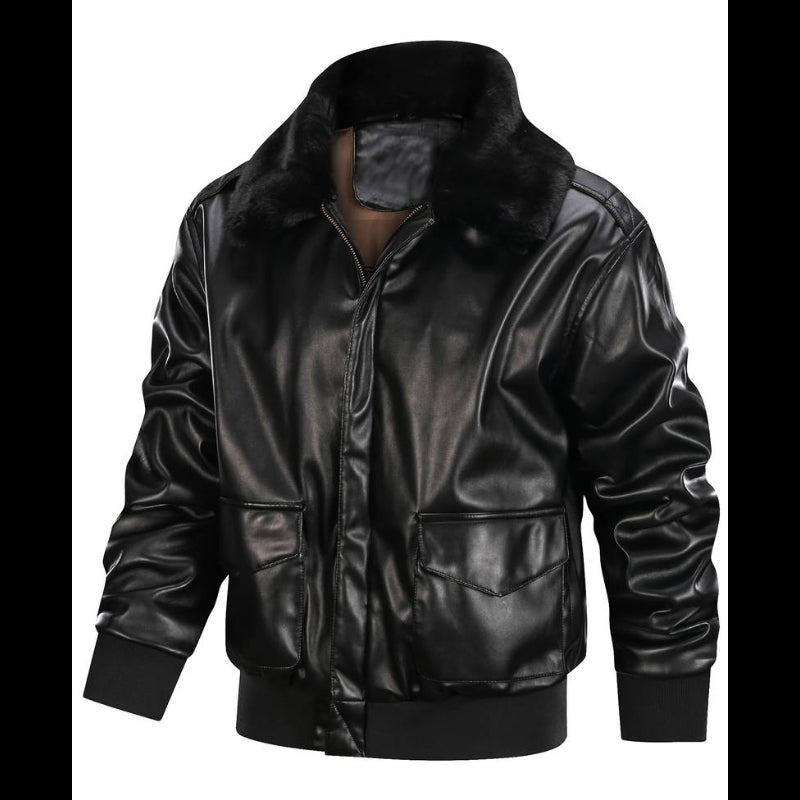 Men's Black Faux Leather Aviator Jacket with Fur Collar Leathers Crafted