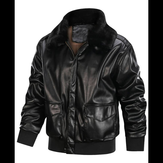 Men's Black Faux Leather Aviator Jacket with Fur Collar Leathers Crafted